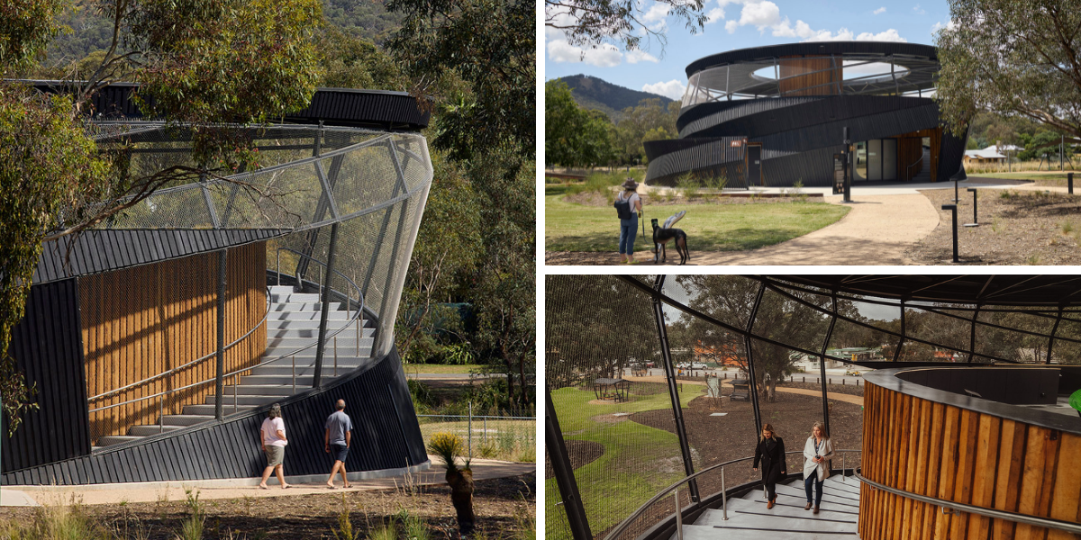 Exterior views of the Ned Kelly Discovery Hub in Glenrowan, featuring its circular architectural design, elevated walkway, and surrounding bushland.