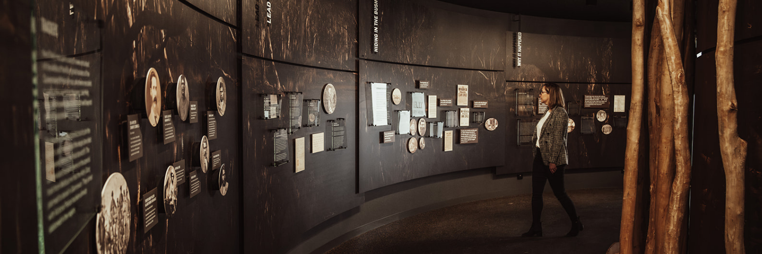 Visitor walking through a curved exhibition wall at the Ned Kelly Discovery Hub, featuring historical panels, photographs, and text displays about the Kelly story, with timber posts visible in the foreground.